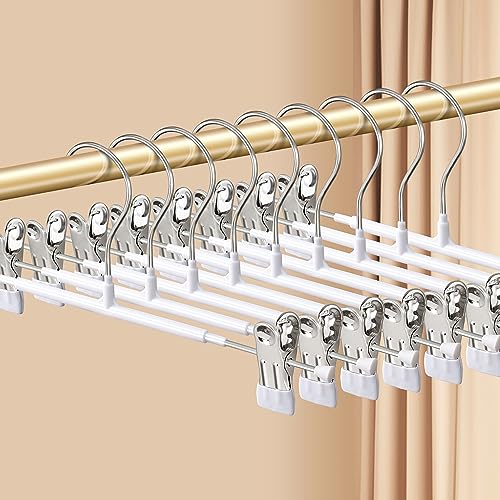 HWAJAN Pants Hangers with Clips 10 Pack Adjustable Skirt Hangers for Women Non-Slip Trousers Hanger for Jeans Clothes Hangers for Pants Heavy Duty Space Saving Shorts Hangers White 12Inch