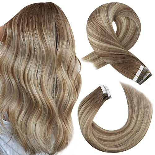 Moresoo Tape in Hair Extensions Human Hair 14 Inch Roots Light Brown Balayage Medium Blonde Tape in Human Hair Extensions Ombre Brown Invisible Remy Hair for Women Any Occasion 20pcs/50g #8/22/8