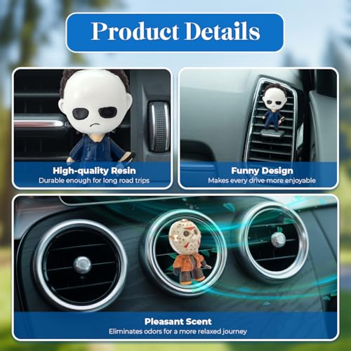 Image of GENANY 3D Resin 2Pcs Horror Car Air Freshener Vent Clip, Hand Painted Hockey Mask and Pale Mask Mini Figure Designs, Gothic Automotive Freshener, Scary Car Accessories Gift for Horror Movie Fans
