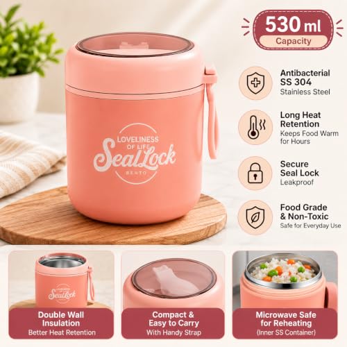 Image of 530ml Insulated Lunch Pot with Built-in Spoon | 304 Stainless Steel Food Jar, Double Wall Thermal Insulation | Leakproof Soup Container | Bento Box for Office, School & Travel - Pink