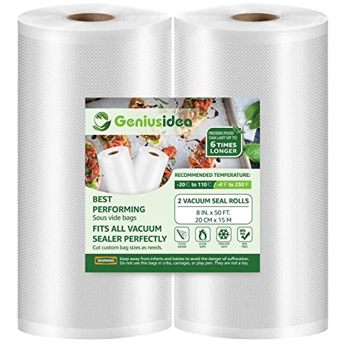 Geniusidea Vacuum Sealer Bags 8''x50' 2 Pack for Food Saver, Seal a Meal, BPA Free, Commercial Grade, Custom Fit Food Saver Bags Rolls for Sous Vide, Meal Prep, Vac Storage (100 Feet in Total)