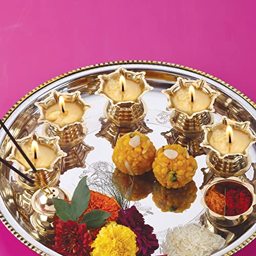 Image of HAZEL Stainless Steel Pooja Aarti Thali Set | Gold & Silver Finish | 28 cm Festive Thali with 5 Diyas & Incense Stand | Elegant Gift for Rituals