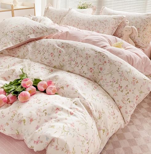 Image of Floral Duvet Cover Twin Size Reversible White Pink Botanical Flower Bedding Set with Zipper Closure Garden Spring Plants Printed Soft Microfiber Comforter Cover Set with 1 Pillowcase