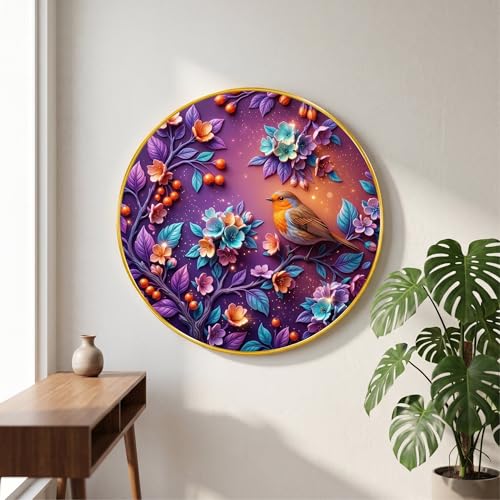 Image of SAF Colorful Bird Floral Wall Painting with Golden PVC Frame Round Nature Art Modern Decorative Wall Decor for Living Room Bedroom Office Home Luxury Gift Item (16 x 16 Inch) GRM-364