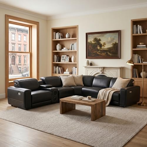 Image of Power Recliner Sectional Sofa, L-Shaped Living Room Furniture Set, Reclining Sectional Couch with Storage Console /Cup Holder for Living Room /House /Apt (Black, 5 Seater)
