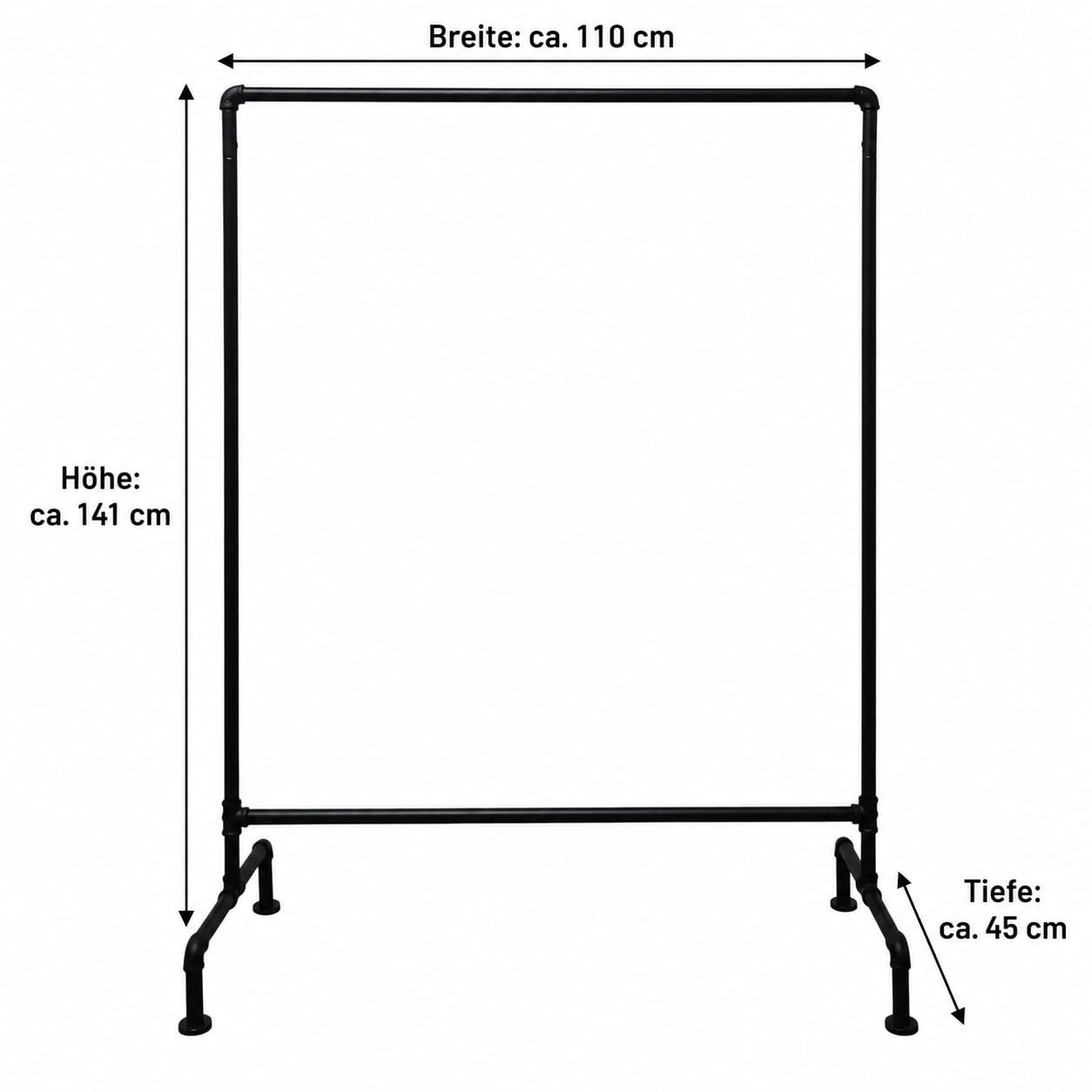 GERSO Kleiderständer Industrial Schwarz 110 cm, stabiler Garderobenständer aus Metall bis ca. 50 kg, freistehende Kleiderstange im Rohrdesign für Flur, Schlafzimmer, Boutique & Showroom