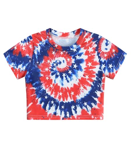 Image of Tkria Girl Crop Tops July 4th Crewneck Tshirt American Flag Patriotic USA Flag Girls Outfit Clothes Size 6-14
