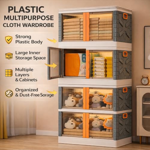 Image of BAMEOS ๐ ๐๐๐๐๐ Foldable Plastic Storage Cabinet with Double Transparent Doors | Dustproof Storage Organizer for Clothes, Toys, Books & Baby Essentials | Multipurpose Wardrobe Storage for Home