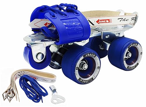 Image of Jonex Unisex Gypsy Roller Adjustable Quad Roller Skates for Youth and Adult (7-18 Years), Indoor Outdoor Wheels, Metal Body, 57 mm Wheels, Color - Blue