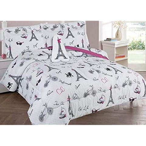 Full Size 8 Pieces Printed Comforter with Sheet Set Bed in Bag Multi Colors White Black Pink Paris Eiffel Tower Design Girls/Kids/Teens # Full 8 Pc Paris Cover