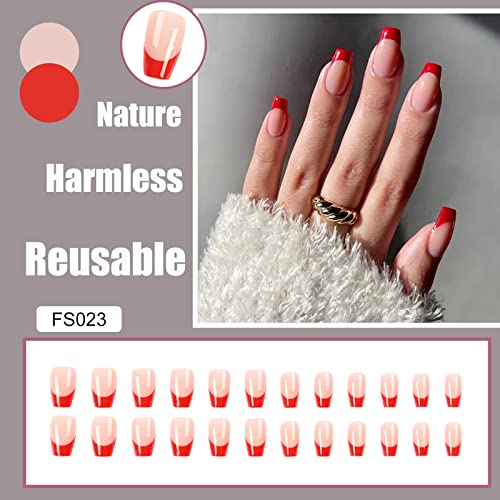 Qingge Christmas Red French Tip Press On Nails Medium Length Square Fake Nails Cute Glossy Acrylic Nails Stick On Nails Tips Glue On Nails False Nails For Women 24Pcs #TOP1