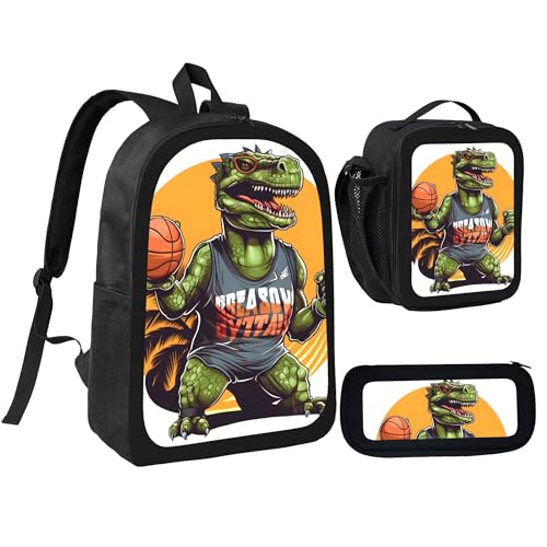 Animal Dinosaur Basketball 3 Pcs 17 Inches Backpack Set With Insulated Lunch Bag And Pencil Pouch Large Back Pack For Men Women Lunchbox Pencil Case Waterproof Backpacks Lunch Box 3 Piece Daypacks