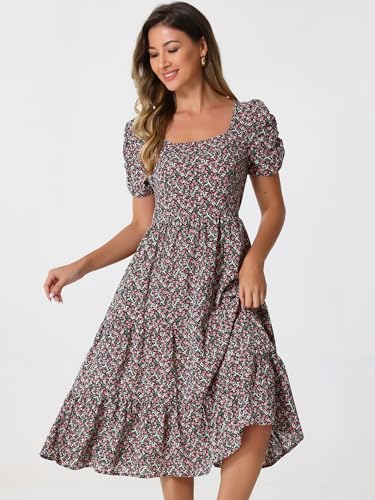 Image of Allegra K Women's Floral Dresses Square Neck Puff Short Sleeves Tiered Ruffled Hem Dress X-Small Black