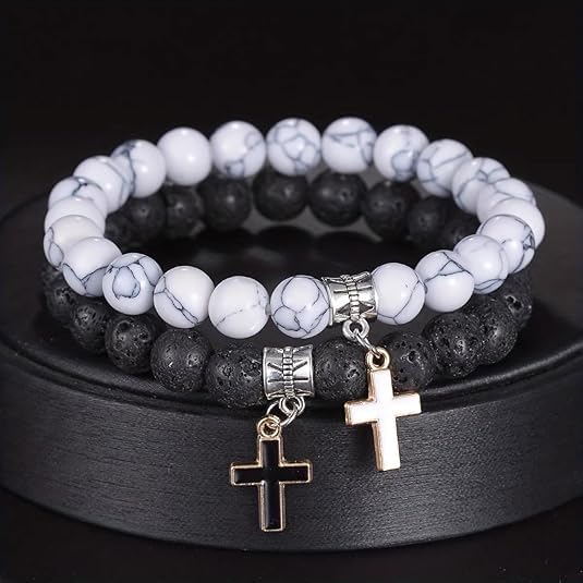 Matte Lava Rock Beaded Couple Bracelet Set for Women Men Black White 8mm Howlite Natural Volcanic Stone Matching Beads Elastic Cross Pendant Stretch Bracelets Religion Charm Friendship BFF Jewelry3