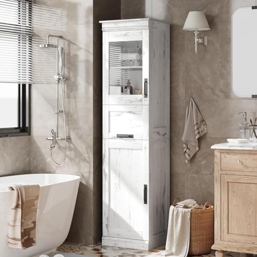 GarveeMore Armario de Baño Estilo Clásico Antiguo, Premium Ancho, Gran Almacenamiento, Ideal para Cocina, Baño y Salón. Estructura de Madera Maciza. 40 × 30 × 170 cm, Color Blanco Clásico