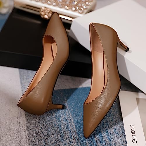 Yodeks Women's Low Kitten Pumps Pointed Toe 2" Middle Heel Slip On Business Soft Leather Comfort Dress Pumps Shoes Chocolate Dark Tan Brown Us6 #TOP4