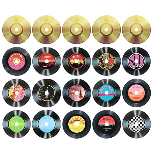 uxcell 20 discos de vinilo decorativos de 5.5 pulgadas, 16 diseños, portada de álbum de CD falsos para decoración de fiestas de rock and roll, comedor y hogar, (negro y dorado, estilo 2)