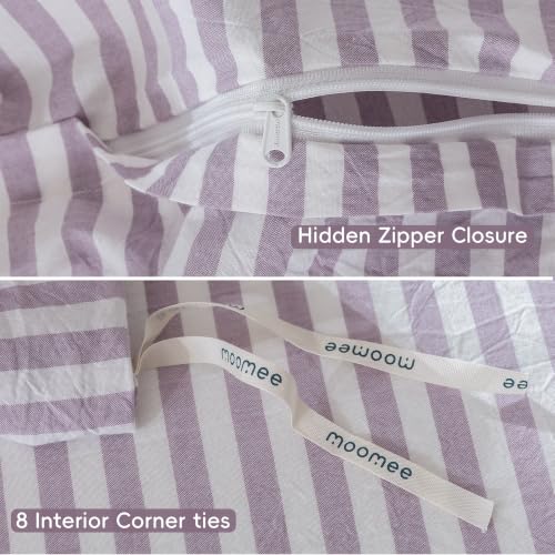 Image of MooMee Striped Duvet Cover Set 100% Washed Cotton Linen Like Queen | Relaxed Linen-like Texture. Soft, Breathable & Long-lasting Comfort. Lightweight. Hidden Zipper with 8 Interior Corner Ties