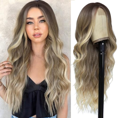 Ombre Blonde Wigs for Women 26 Inch Dirty Blonde Long Wavy Wig