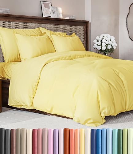 Image of Duvet Cover Full Size Set - Extra Soft Full Duvet Cover 80 inch x 90 inch with 2 Pillow Shams for Women, Men, Kids & Teens - Hotel Luxury, Easy-Care w /Zipper Closures & Ties - Comfy and Breathable (Yellow)