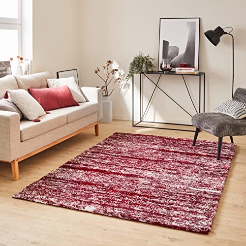 Nazar Tapis Shaggy Doux à Motifs Géométrique, Tapis Salon, Tapis Chambre, Tapis Couloir, Moelleux, Moderne, Beige, Gris, Bleu, Rouge (584 Rouge, 160x230 cm)