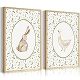 Vintage Nursery Wall Art Cute Goose Canvas Poster Bunny Wall Decor Baby Kids Poster Rabbit Duck Prints Cute Animal Pictures Pale Green Painting Artwork for Gallery Bedroom 12x16 Inch Unframed Set of 2