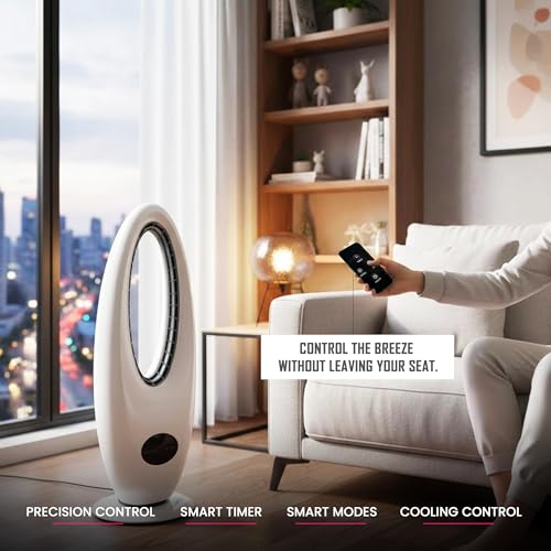 Image of Casa Copenhagen, AeroLoop 28-Inch Bladeless Tower Fan, 3 Speeds, 70 Oscillation, Portable Tower Fan with 9-Hour Timer & LED Display - Ideal for Home, Bedroom, Dorm, or Office
