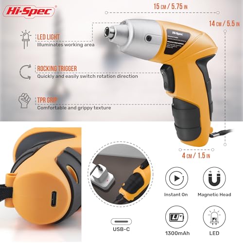Image of Hi-Spec Small Electric Screwdriver, Mini Drill Set, Rechargeable 3.6V Cordless Screwdriver with 26 Driver Bits, Power Tool for Small Projects & Home Use, Red (Yellow)