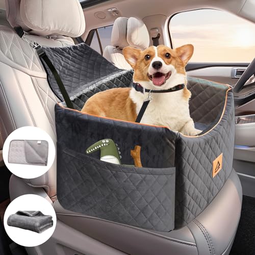 Dog Car Seat for Small/Med Dogs, Booster with Memory Foam, Detachable Cover, 2 Storage Pockets, Seat Belt Included (Gray, M)