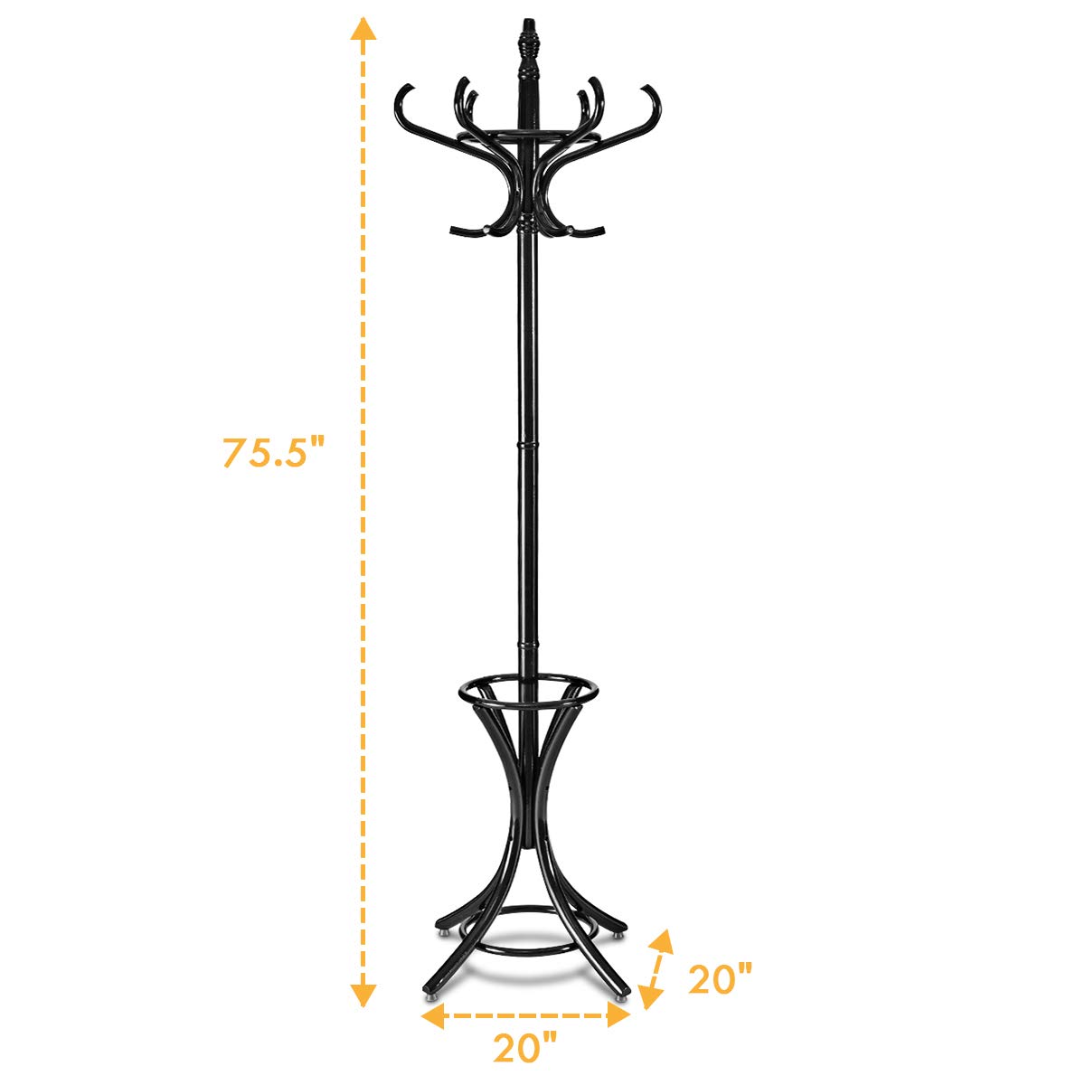 75.5 Inch Wooden Coat Rack Stand With 12 Hooks & Umbrella Holder - Freestanding Entryway Organizer