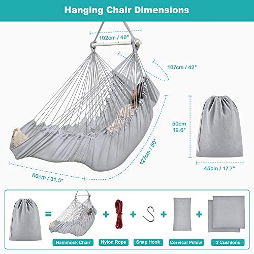 Image of Outerman Hammock Chair, Hanging Chair with 3 Cushions and Foot Rest Support, Durable Metal Spreader Bar Max 440 Lbs, Swing Chair for Bedroom, Indoor & Outdoor, Patio, Porch or Tree(Gray)