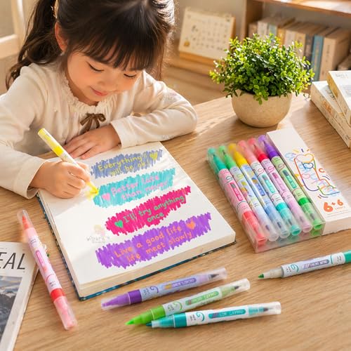 Image of WISHKEY Double-Head Color Overlay Marker Pens, Non-Toxic Ink Marker, Quick Drying Colorful Highlighter Pens for Multipurpose, Stationery Items for Kids and Adults, 8+ Years (Pack of 6, Multicolor)