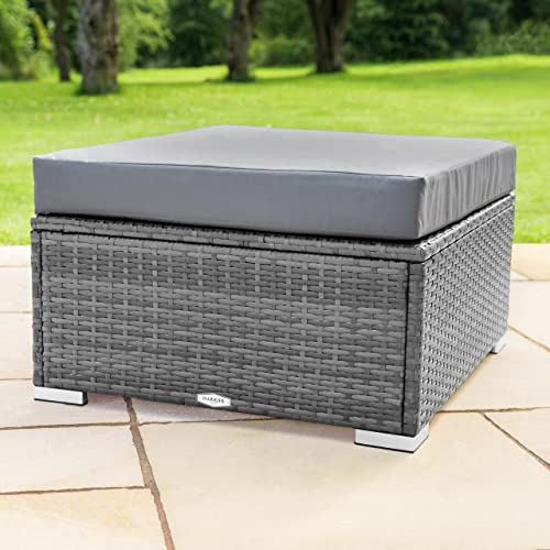 Harrier Large Ottoman Stool Footstool Pouffe with Padded Seat Cushion [Single or Pair] Rattan or Aluminium Outdoor Patio Furniture Grey (Rattan [80cm x 80cm] Single)