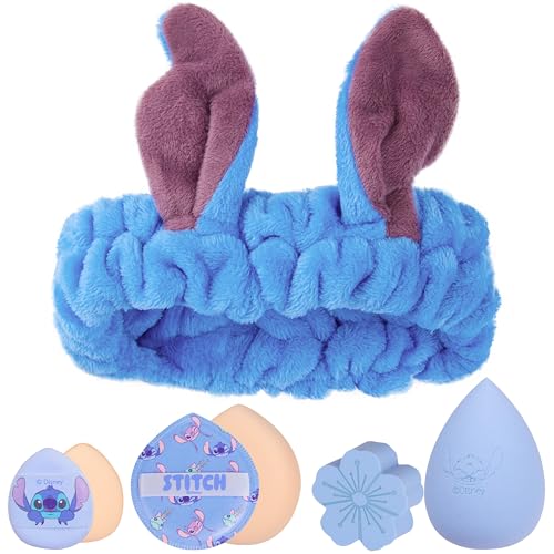 Image of Get Trend Disney Stitch Makeup Brush and Sponge Set for Girls, Teens with Headband Powder Puffs Soft Brushes and Beauty Sponges, Gifts for Girls (Blue Stitch)