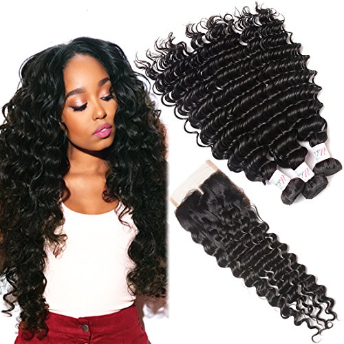 Brazilian Deep Wave Virgin Hair 3 Bundles with Middle Part Closure (18 20 22 with 16) 100% Unprocessed Brazilian Deep Curly Remy Human Hair Weaves and Lace Closure Deep Wave Bundles with Closure