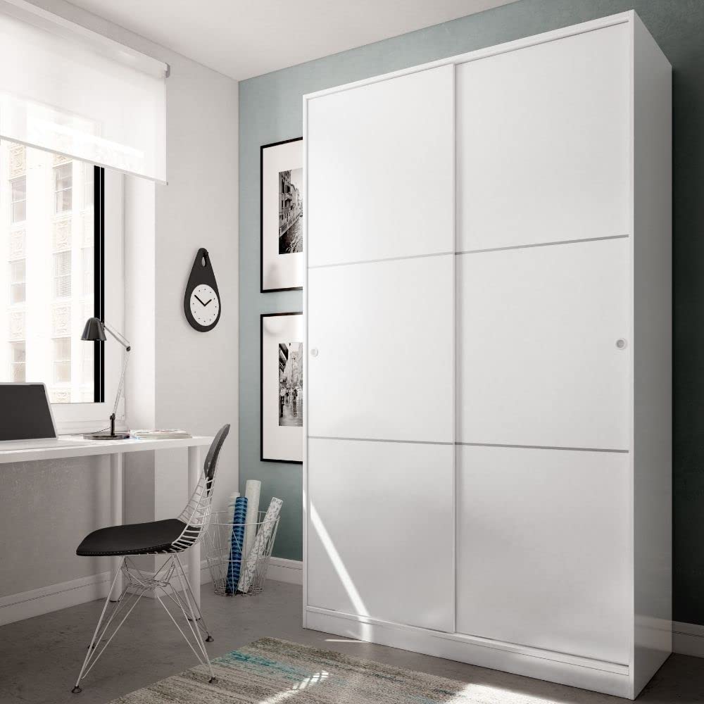 Mobelcenter, Armario 2 Puertas Correderas Matrimonio o Juvenil con 3 estantes y Barra de Colgar, Color Blanco Brillo, Medidas: Ancho: 120 cm x Fondo: 50 cm x Alto: 200 cm (1415)
