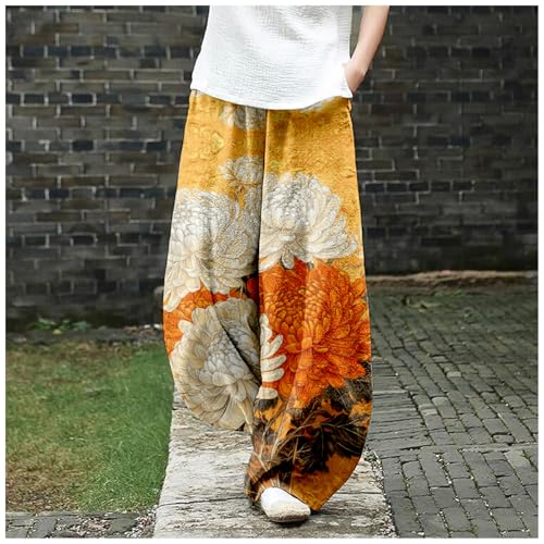 Womens Japanese Art Print Baggy Cotton Linen Pants Elastic Waist Wide Leg Flowy Boho Lounge Pants with Pockets2