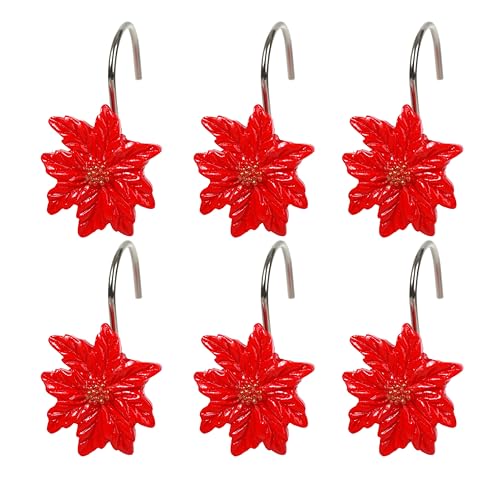 Two Fish Home Fashions Set of 12 Decorative Shower Curtain Hooks, Red Flower Resin Curtain Rings Pack of 12