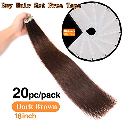 18" Remy Tape in Hair Extensions Human Hair 20pc 50g/pk Dark Brown #2 Skin Weft Glue in Hair Extension