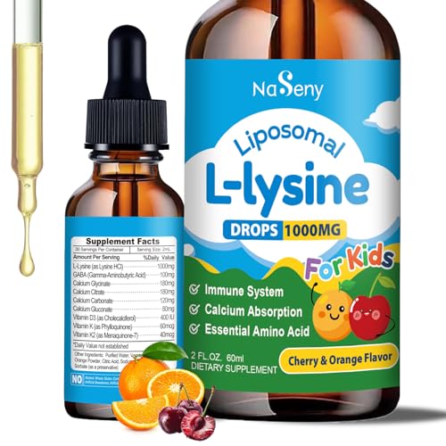 NaSeny Liposomal L-Lysine 1000MG Liquid Drops for Kids & Adults Lysine Supplement with Calcium GABA Vitamin D3 K K2 Immune & Collagen Support Skin & Lips Health - 2 FL OZ