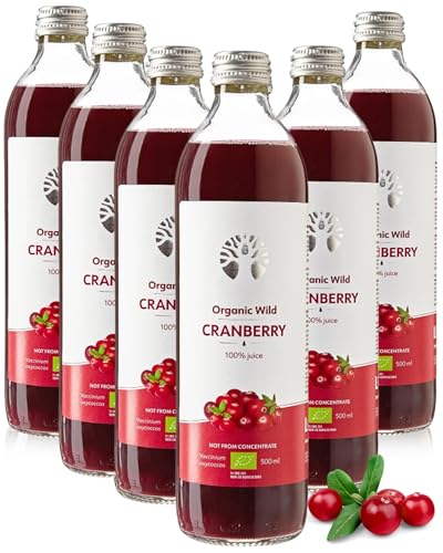 Zumo de arándano orgánico 100% puro, sin azúcar añadido, prensado en frío, arándanos nórdicos silvestres, intenso y sin azúcar, 6 botellas de vidrio de 500 ml