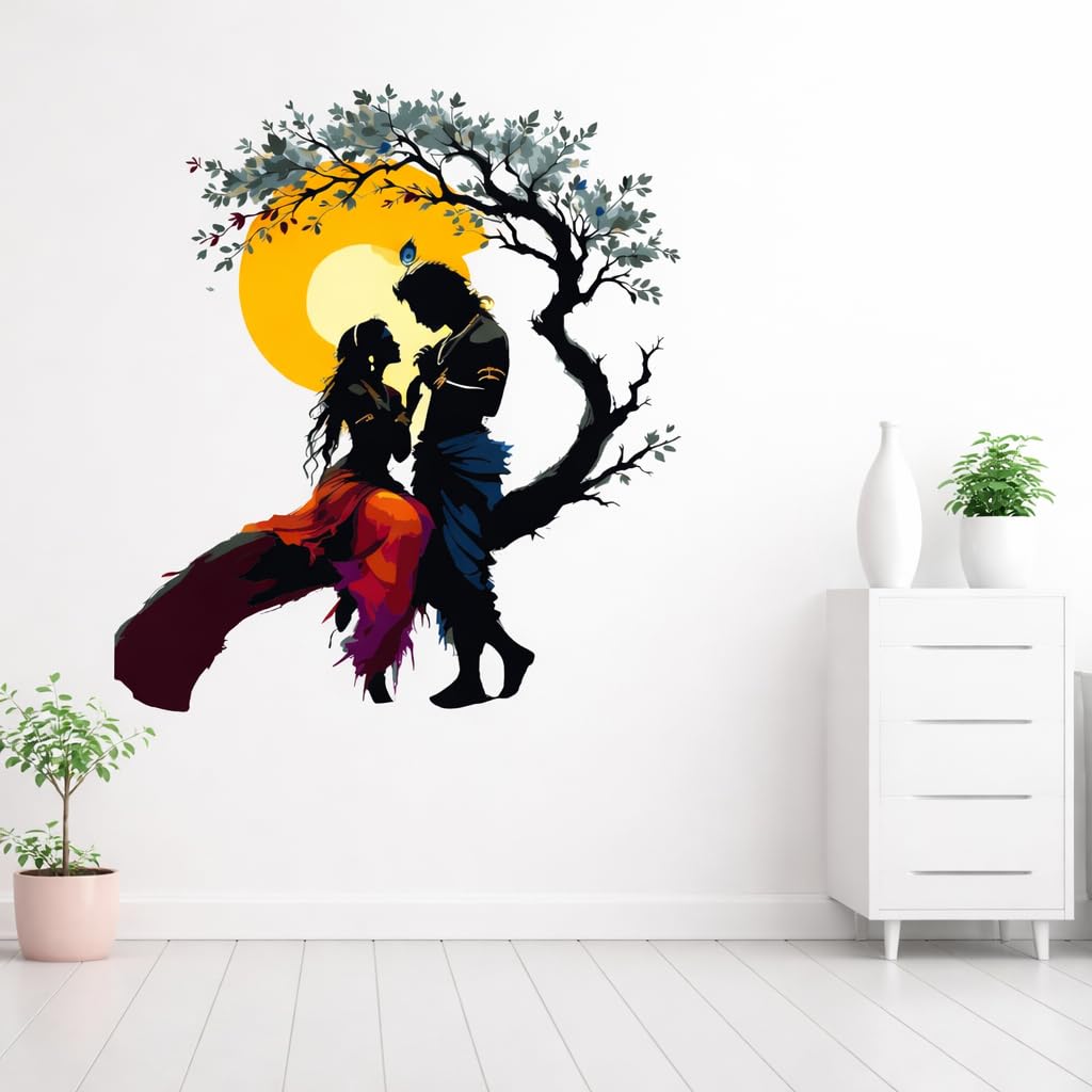 Radha Krishna Wall Sticker, Colorful Silhouette with Tree and Sun Design, Romantic Couple Art, Indian Mythology Theme, Decorative Wall Sticker, Wall Stickers for Bedroom/Living Room/Kids Room-image-15