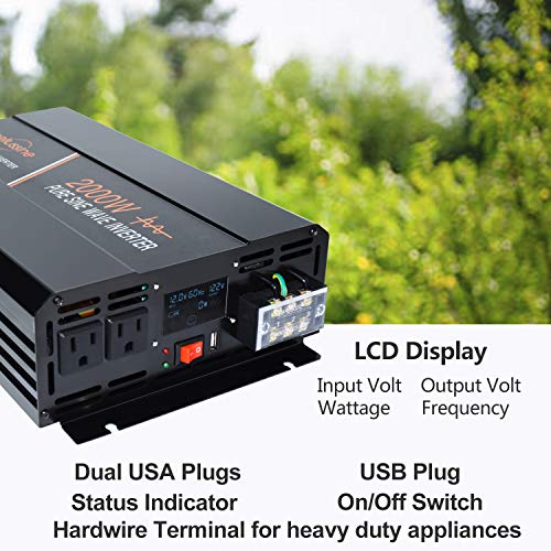 aeliussine Power Inverter 2000W Pure Sine Wave 12v DC to AC 120v Peak 4000 Watt Converter with LCD Display USB Charge Port for Car RV Boat Solar Power System.