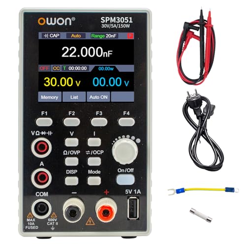 OWON SPM3051 Fuente de Alimentación CC (0-30V, 0-5A), 2 en 1 Fuente de Alimentación de Banco y Multímetro, Fuente de Alimentación de Laboratorio con Pantalla LCD de 2.8 inch, Multímetro Digital 4 1/2