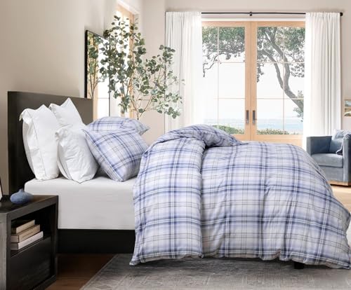 Image of SLEEPBELLA Blue White Grid Duvet Cover Set, 100% Cotton Bedding, Buffalo Plaid Geometric Checker Pattern, with Button Closure (3pcs, Queen Size)