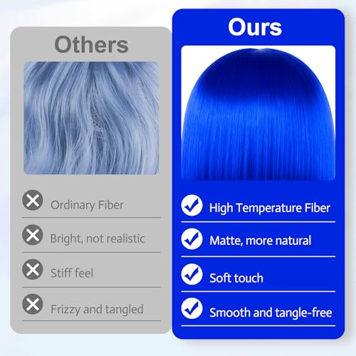 Image of MEEZY Royal Blue Short Bob Wigs Straight Hair with Flat Bangs Heart Sunglasses for Women, Colorful Funny Cosplay Party Neon Wig Synthetic Natural As Real Carnival Halloween Costume Party Favors