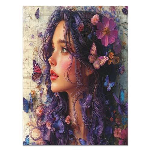 QUSAAOU PóSter Impreso Lienzo Cabello morado flores frescas mariposas fantásticas Con Retrato Mujer Africana Vintage éTnica Divertida Para Sala Estar DecoracióN Del Hogar -30x45cm1 Sin marco