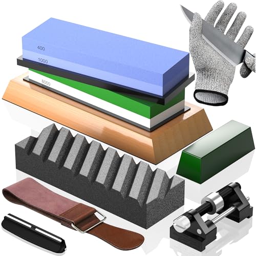 YeopAsda Knife Sharpening Stone Set - Premium 4 Side Grit 400/1000 3000/8000 Whetstone Sharpener Kit - Non-Slip Bamboo Base,Cut Resistant Gloves, Angle Guide,Flatting Stone,Honing Guide,Leather Strop