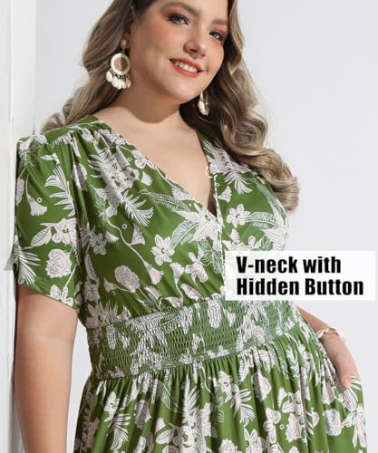 Image of CARCOS Plus Size Dresses for Curvy Women V Neck Summer Maxi Dress Short Sleeve Floral Boho Dress Smocked Waist Beach Dress