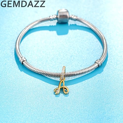 GEMDAZZ 18k Yellow Gold Plated 26 Letter Dangle CZ Charms, 925 Sterling Silver Complete Initial A-Z Alphabet Beads, fits European Name Bracelet, Gift for Mother/Birthday/Daughter/Son/Sister/BFF3